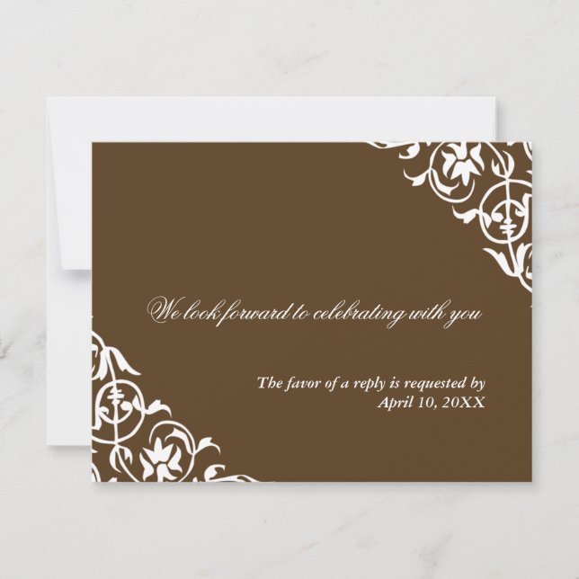 Brown corner scroll enclosure wedding response invitation (Front)
