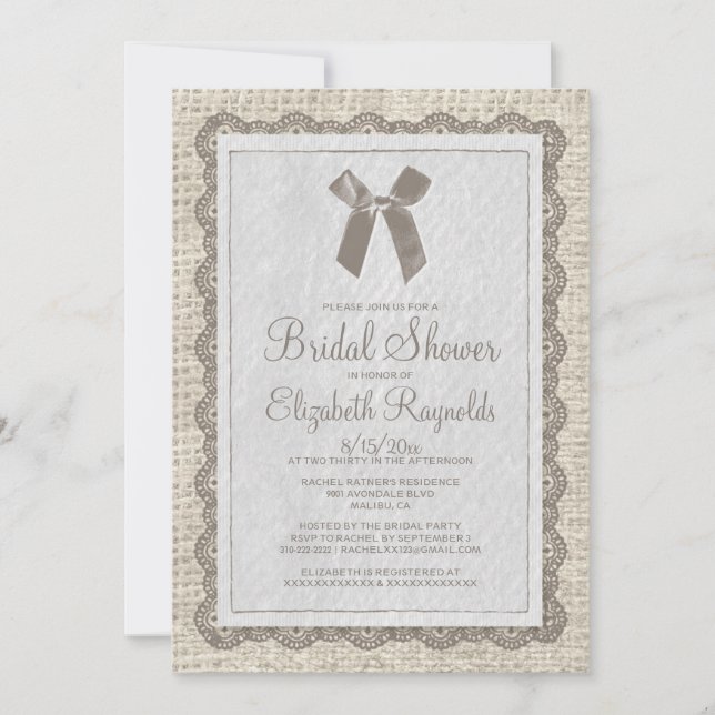 Brown Country Burlap Bridal Shower Invitations (Front)