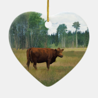 Brown Cow on a Horse and Cattle Ranch Ceramic Tree Decoration