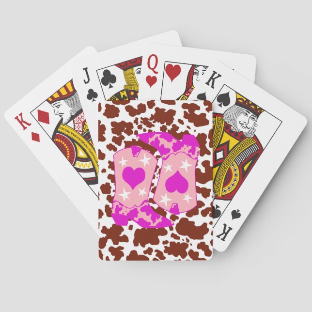 Brown Cow Print Pink Cowboy Boots Farmer Playing Cards (Back)