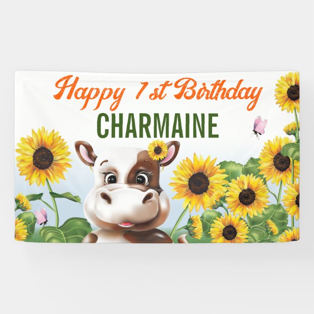Brown Cow Sunflower Girl First Birthday Banner (Horizontal)