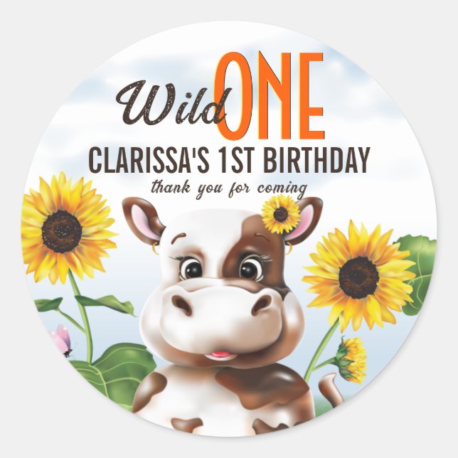 Brown Cow Sunflower Girl First Birthday Classic Round Sticker (Front)