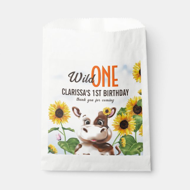 Brown Cow Sunflower Girl First Birthday Favour Bags (Front)