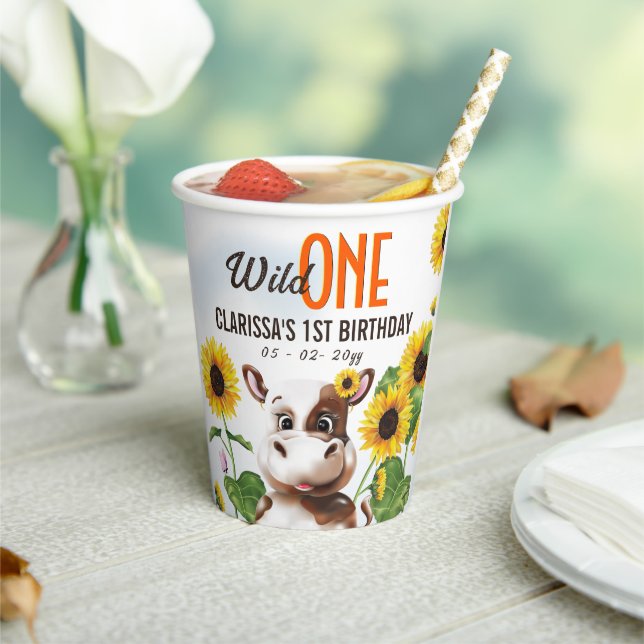 Brown Cow Sunflower Girl First Birthday Paper Cups (Insitu)