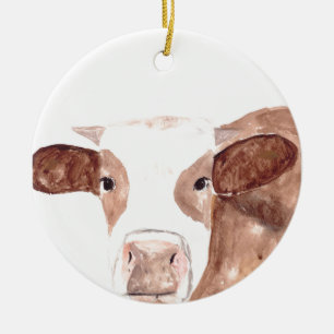 Brown cow watercolor animal nature farm Scottish  Ceramic Tree Decoration
