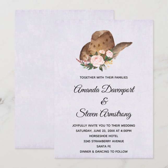 Brown Cowboy Hat with Pink Flowers Wedding Invitation (Front/Back)