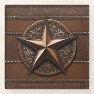Brown Cowboy Rustic Western Country Texas Star Glass Coaster