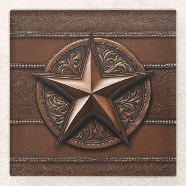 Brown Cowboy Rustic Western Country Texas Star Glass Coaster (Front)