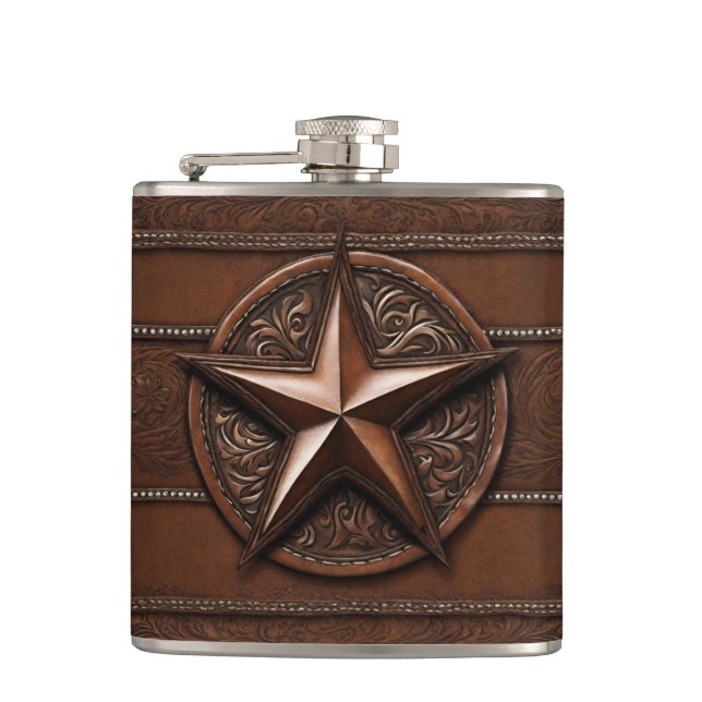 Brown Cowboy Rustic Western Country Texas Star Hip Flask (Front)