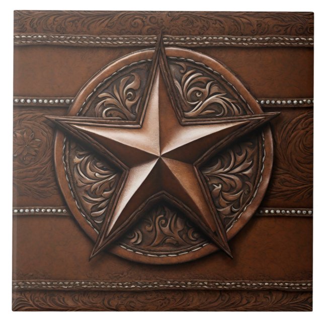 Brown Cowboy Rustic Western Country Texas Star Tile (Front)