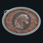 Brown cowgirl floral tooled leather horse head belt buckle<br><div class="desc">Brown cowgirl floral tooled leather design with a floral horse head,  western style leather design. Available in more colours. For horse lovers,  equestrians.</div>