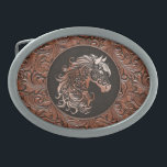 Brown cowgirl floral tooled leather horse head belt buckle<br><div class="desc">Brown cowgirl floral tooled leather design with a floral horse head,  western style leather design. Available in more colours. For horse lovers,  equestrians.</div>