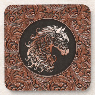 Brown cowgirl floral tooled leather horse head coaster