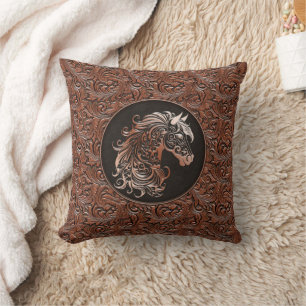 Brown cowgirl floral tooled leather horse head cushion