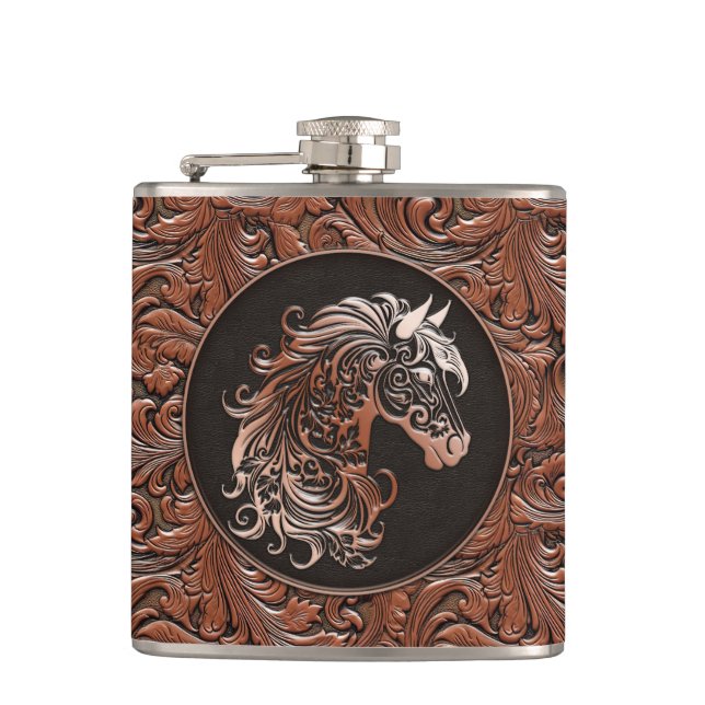 Brown cowgirl floral tooled leather horse head hip flask (Front)