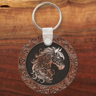 Brown cowgirl floral tooled leather horse head key ring
