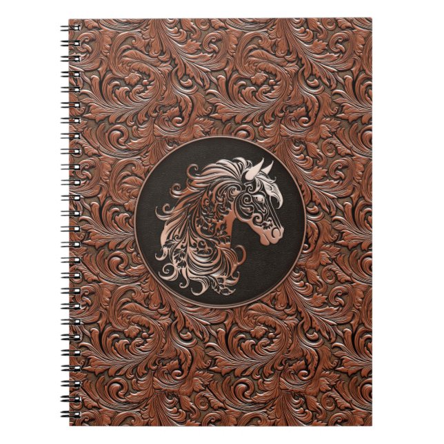 Brown cowgirl floral tooled leather horse head notebook (Front)