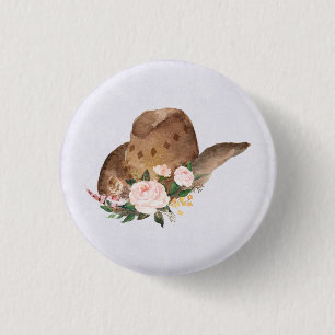 Brown Cowgirl Hat with Pink Flowers 3 Cm Round Badge