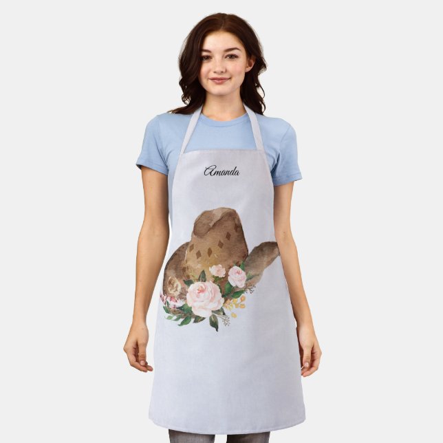 Brown Cowgirl Hat with Pink Flowers Apron (Worn)