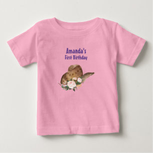 Brown Cowgirl Hat with Pink Flowers Birthday Baby T-Shirt