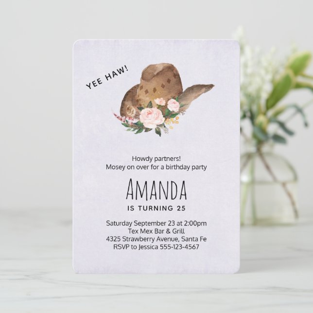 Brown Cowgirl Hat with Pink Flowers Birthday Invitation (Standing Front)
