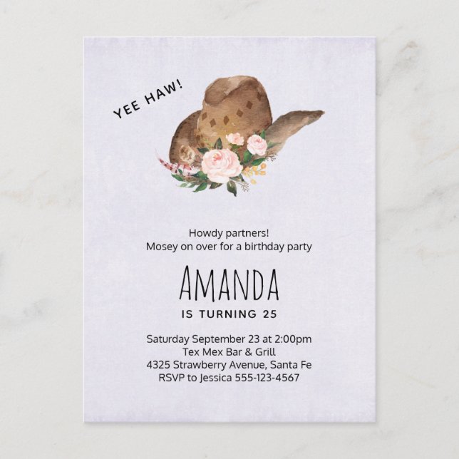 Brown Cowgirl Hat with Pink Flowers Birthday Invitation Postcard (Front)