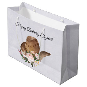 Brown Cowgirl Hat with Pink Flowers Birthday Large Gift Bag