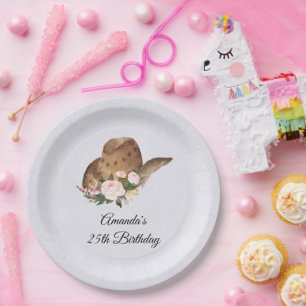 Brown Cowgirl Hat with Pink Flowers Birthday Paper Plate