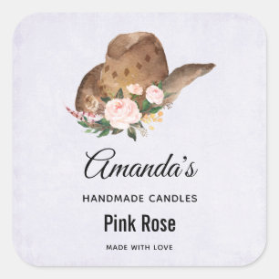 Brown Cowgirl Hat with Pink Flowers Candle Biz Square Sticker