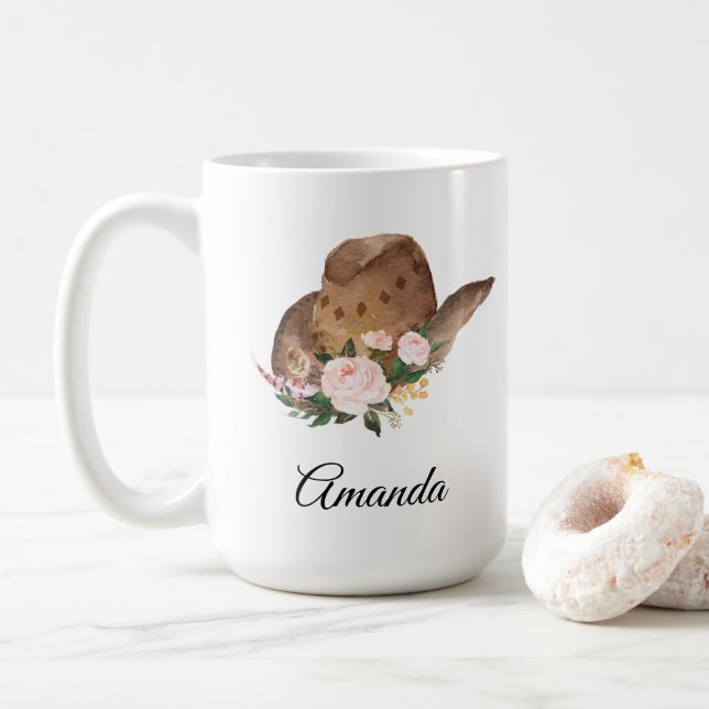 Brown Cowgirl Hat with Pink Flowers Coffee Mug (With Donut)