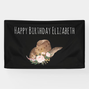 Brown Cowgirl Hat with Pink Flowers Happy Birthday Banner