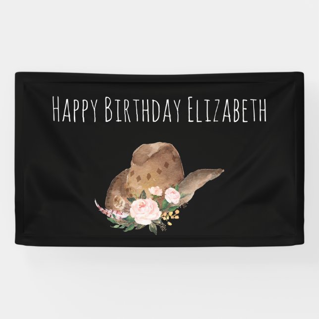 Brown Cowgirl Hat with Pink Flowers Happy Birthday Banner (Horizontal)