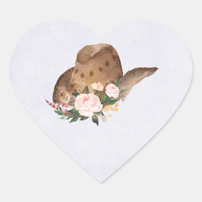 Brown Cowgirl Hat with Pink Flowers Heart Sticker (Front)