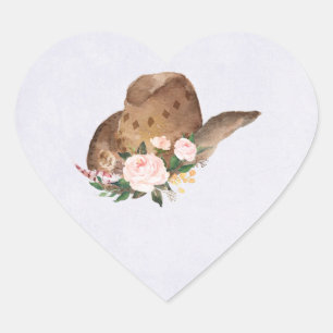 Brown Cowgirl Hat with Pink Flowers Heart Sticker