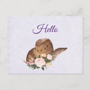 Brown Cowgirl Hat with Pink Flowers Hello Postcard