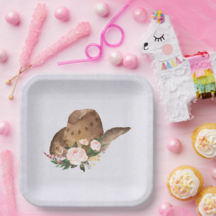 Brown Cowgirl Hat with Pink Flowers Paper Plate