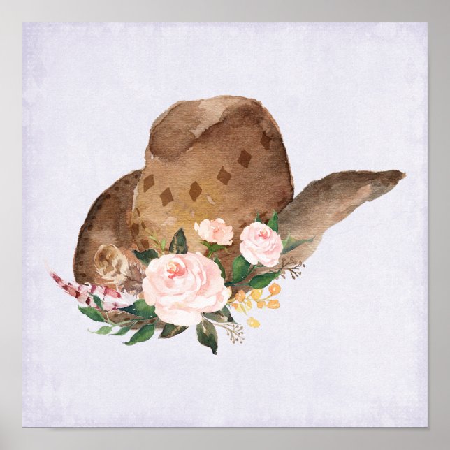 Brown Cowgirl Hat with Pink Flowers Poster (Front)