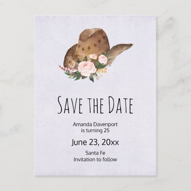 Brown Cowgirl Hat with Pink Flowers Save the Date Invitation Postcard (Front)