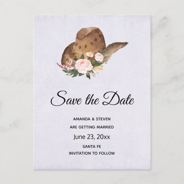 Brown Cowgirl Hat with Pink Flowers Save the Date Invitation Postcard (Front)