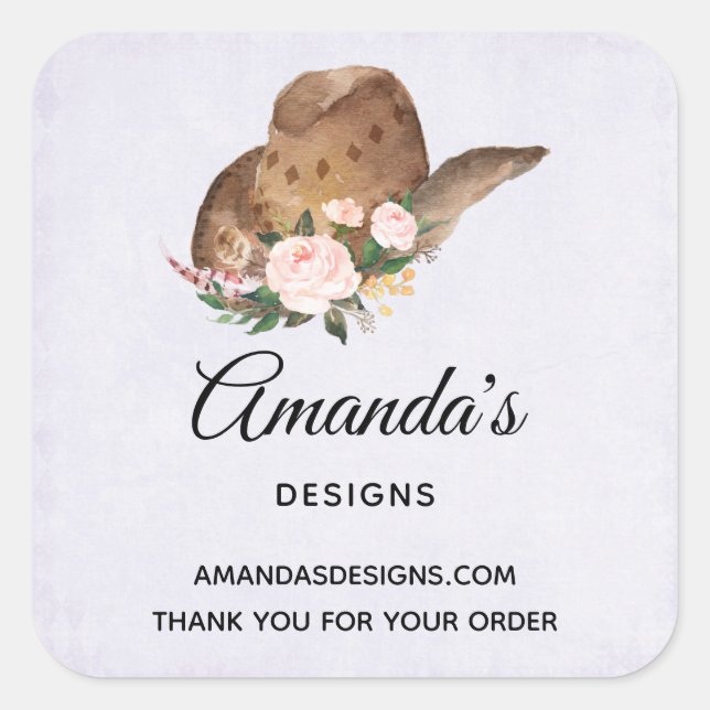 Brown Cowgirl Hat with Pink Flowers Square Sticker (Front)