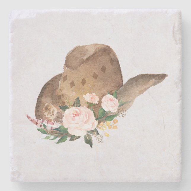 Brown Cowgirl Hat with Pink Flowers Stone Coaster (Front)