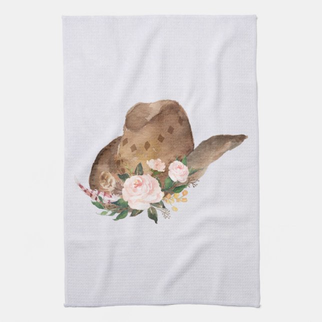 Brown Cowgirl Hat with Pink Flowers Tea Towel (Vertical)