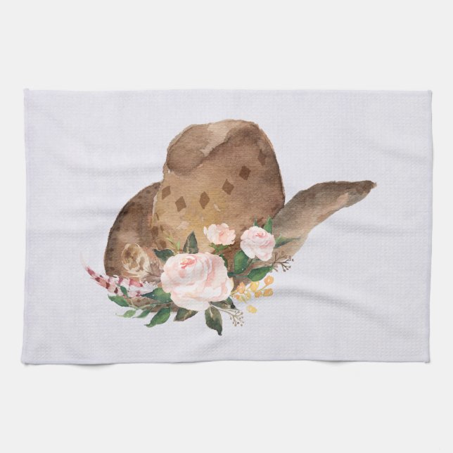 Brown Cowgirl Hat with Pink Flowers Tea Towel (Horizontal)