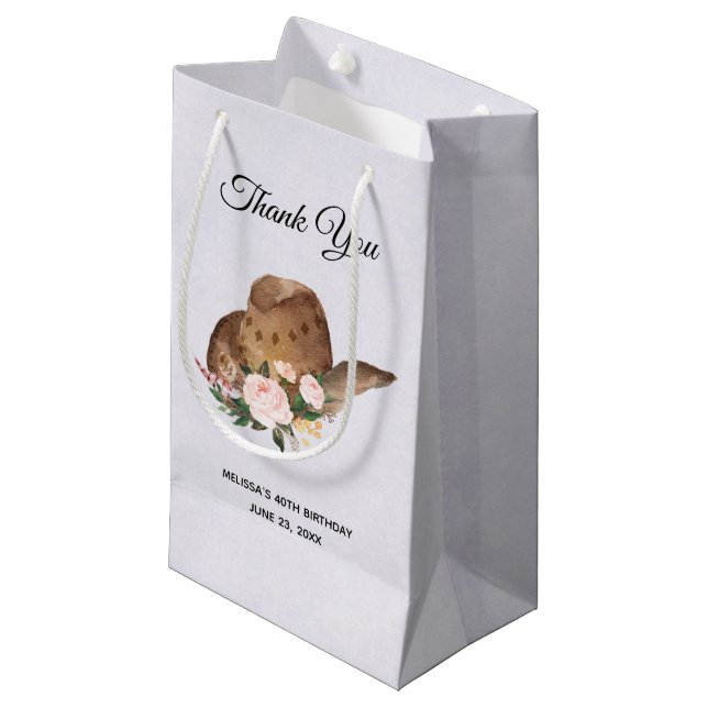 Brown Cowgirl Hat with Pink Flowers Thank You Small Gift Bag (Front Angled)