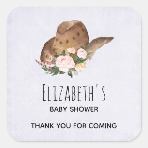Brown Cowgirl Hat with Pink Flowers Thank You Square Sticker