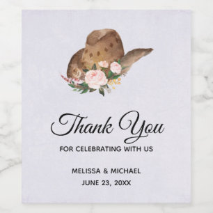 Brown Cowgirl Hat with Pink Flowers Wedding Wine Label