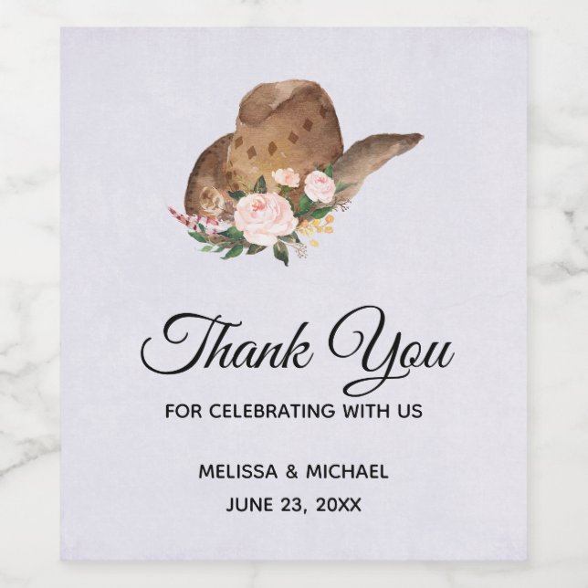 Brown Cowgirl Hat with Pink Flowers Wedding Wine Label (Single Label)