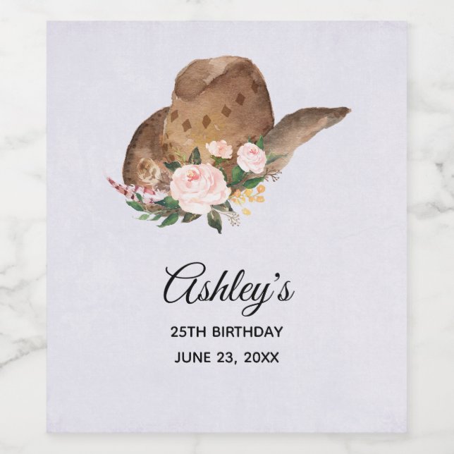 Brown Cowgirl Hat with Pink Flowers Wine Label (Single Label)