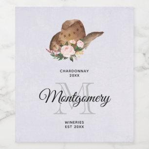 Brown Cowgirl Hat with Pink Flowers Wine Making Label