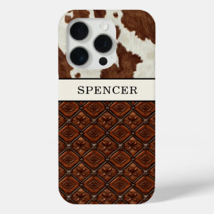 Brown Cowhide and Leather Monogrammed iPhone 15 Pro Case